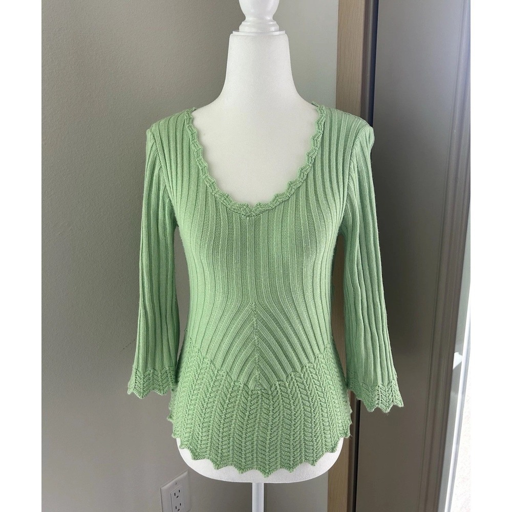Vintage Faded Glory Green Knit Ruffle Top USA Made Y2K Fairy Whimsy Coquette 90s - Picture 1 of 8